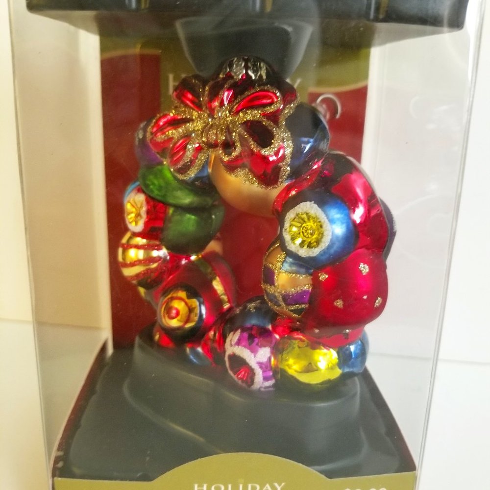 Glass Wreath Christmas Ornament by Holiday Place with Jeweled Hook BRAND NEW